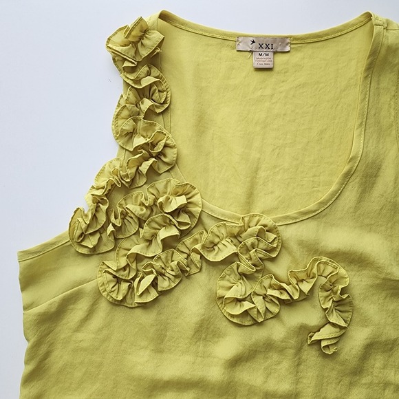 XXI Chartreuse Tank Top Womens Medium Ruffle Flower Yoke Sleeveless‎ Yellow Lime - Picture 6 of 16